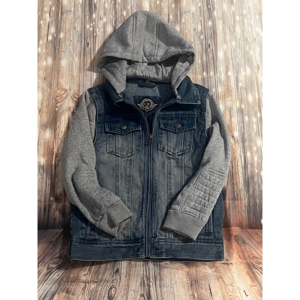 Urban Republic Denim Jacket Boys Size M 10/12 Blue Grey New Mixed Media Hooded